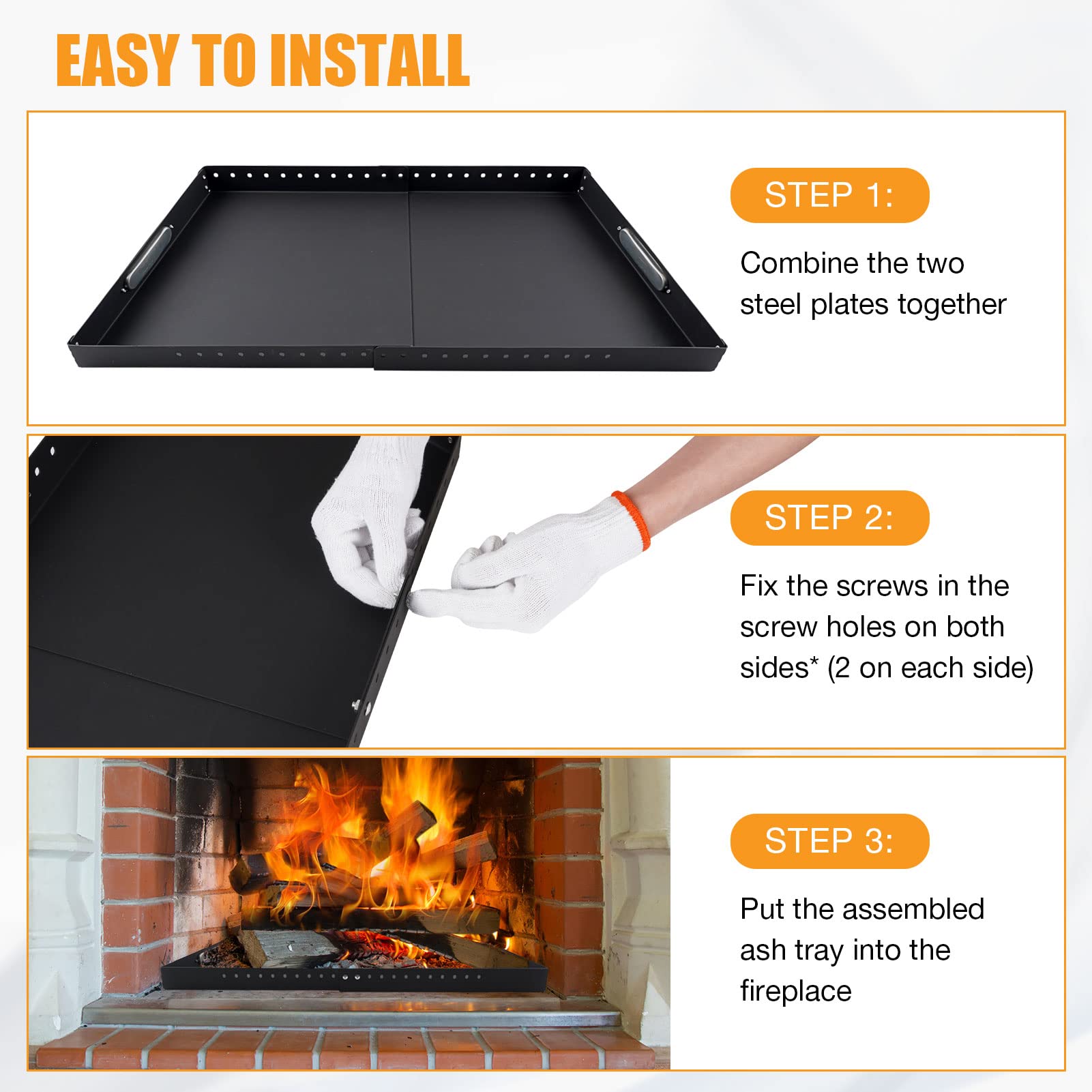 Adjustable Fireplace Tray for Ash Collection, Expandable Ash Pan for Up to 31" Fireplace Grates, Galvanized Steel Ash and Ember Holder Pan, Fireplace Pan Included Nuts and Bolts