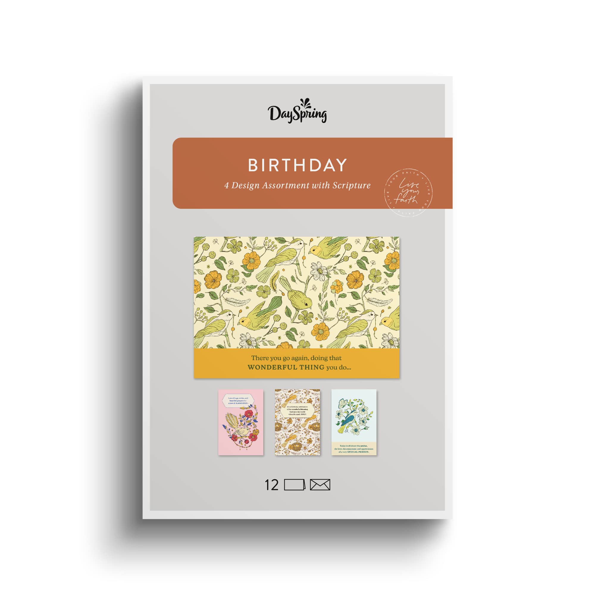 DaySpring - Birthday Birds - 4 Botanical Bird Designs Assortment with Scripture - 12 Happy Birthday Boxed Cards & Envelopes (U0056)