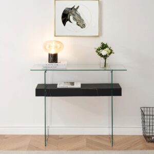 ivinta Glass Console Table with Storage, Small Black Faux Marble Entryway Table for Living Room, 39.4" Modern Sofa Table for Foyer, Hallway, Bedroom