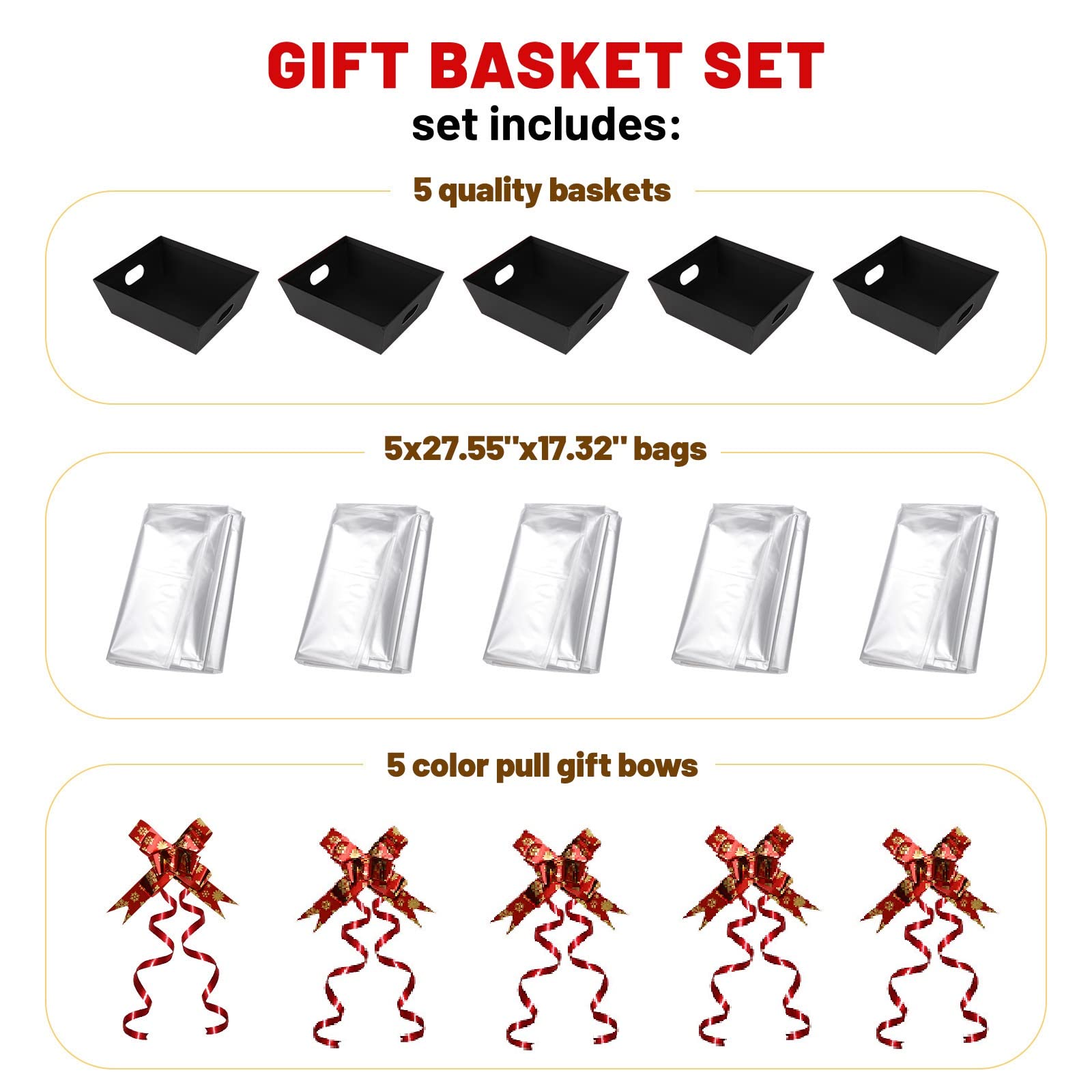 Baskets for Gifts Empty - Gift Baskets Empty To Fill Kit - Black Basket Cardboard To Fill Bulk 5 Pack for Holiday, Birthday, Christmas, Easter, Halloween