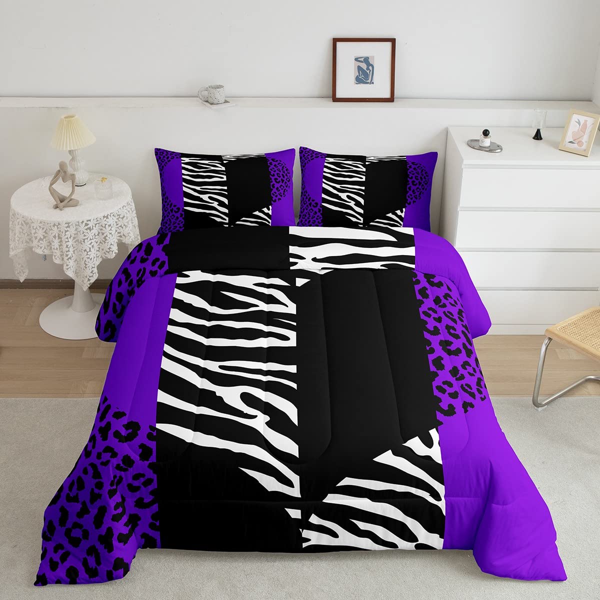 Castle Fairy,Leopard Zebra Print Comter Set Full Size Wild Animals Fur Patchwork Heart Bedding Set 3pcs Kids Girls Women Room Decor Purple Black Stripes Quilt Set Romantic Duvet Insert,2 Pillowcases