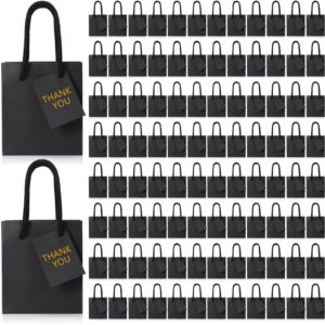 sherr 100 pack mini gift bags bulk, 4 x 2.75 x 4.5 inches paper bags with gift tags, extra small paper gift bags with handles for birthday gifts, party favors, weddings(black)