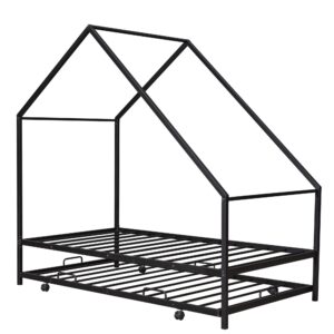 Metal House Bed with Trundle, Montessori Bed Twin Size Platform Bed Frame with Roof, Tent Bed, Modern Style Heavy-Duty Steel Frame Playhouse Bed for Kids Teens Girls Boys (Twin, Black)