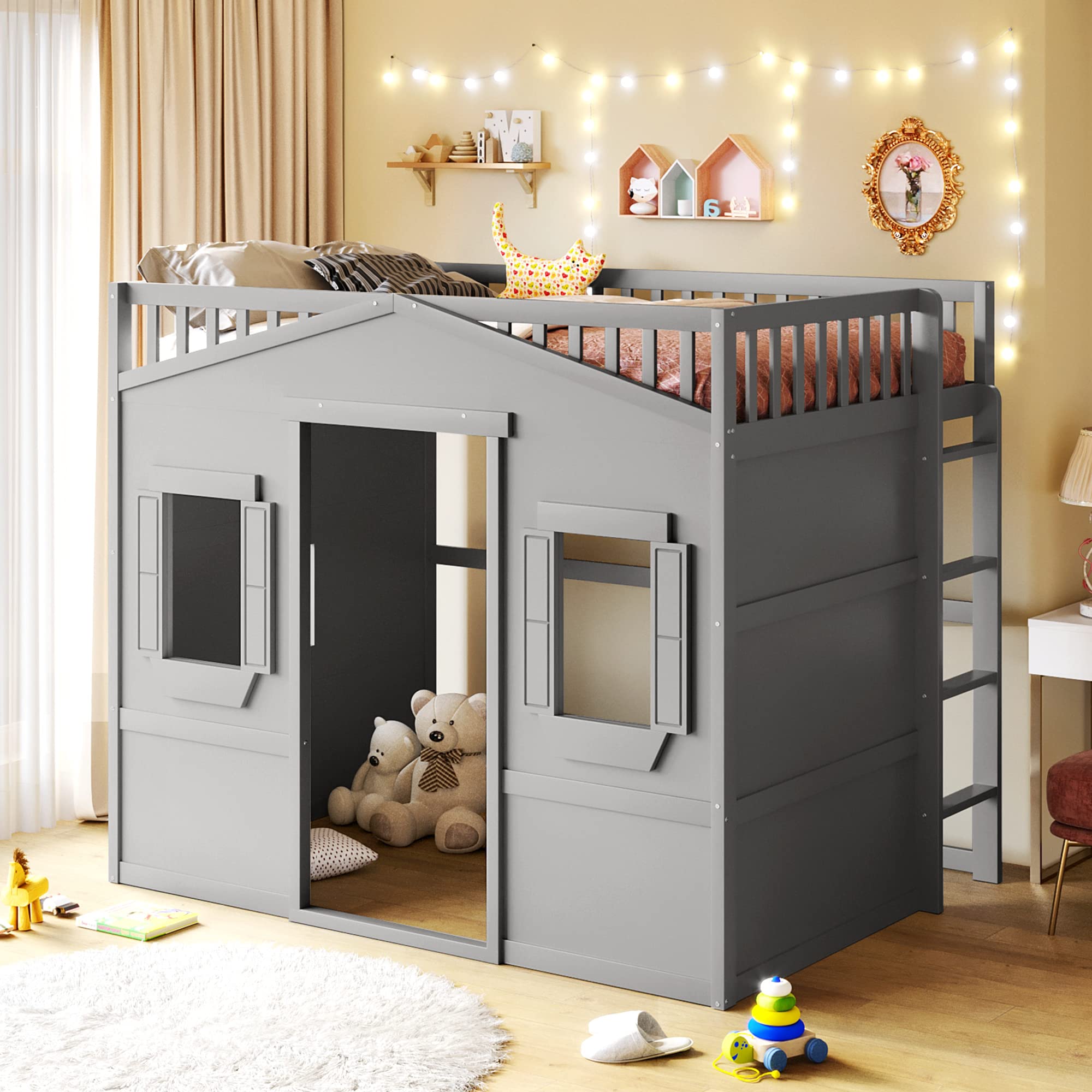 Harper & Bright Designs Full Size House Loft Bed for Kids, Wood Full Loft Bed with Door and Windows House Design, Playhouse Bed Full with Underbed Space for Girls Boys Bedroom, Grey