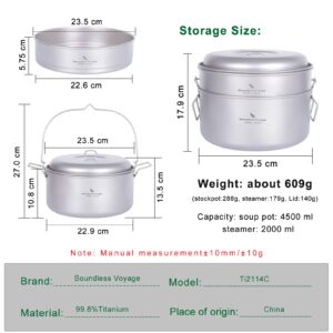 Boundless Voyage Titanium Food Steamer Pan Stock Pot Soup Pot Outdoor Hanging Pot Portable Travel Household Kitchenware Cooking Kit Hot Pot for Camping Picninc (Ti2114C(4.5 POT+2l Steamer))