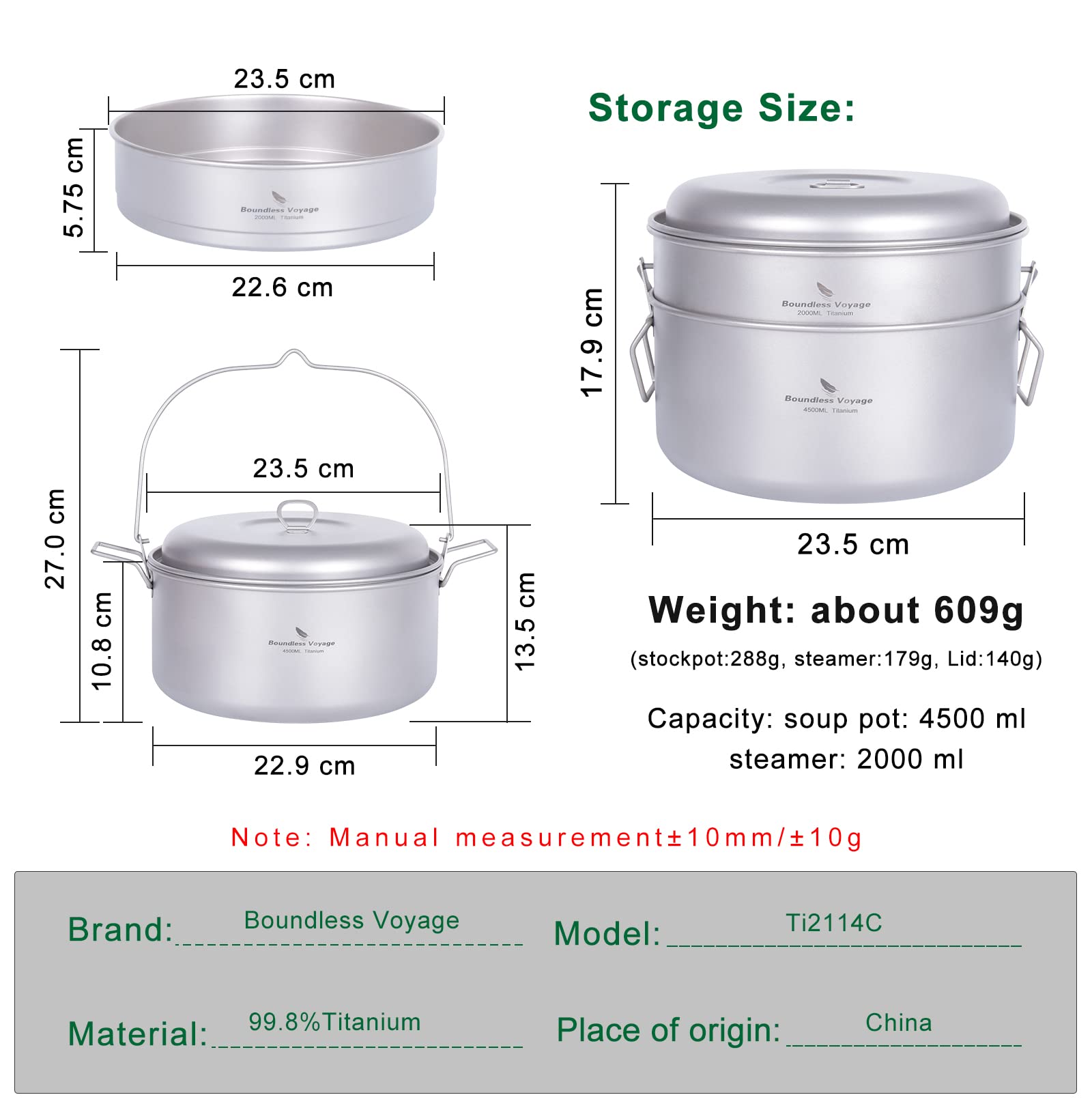 Boundless Voyage Titanium Food Steamer Pan Stock Pot Soup Pot Outdoor Hanging Pot Portable Travel Household Kitchenware Cooking Kit Hot Pot for Camping Picninc (Ti2114C(4.5 POT+2l Steamer))