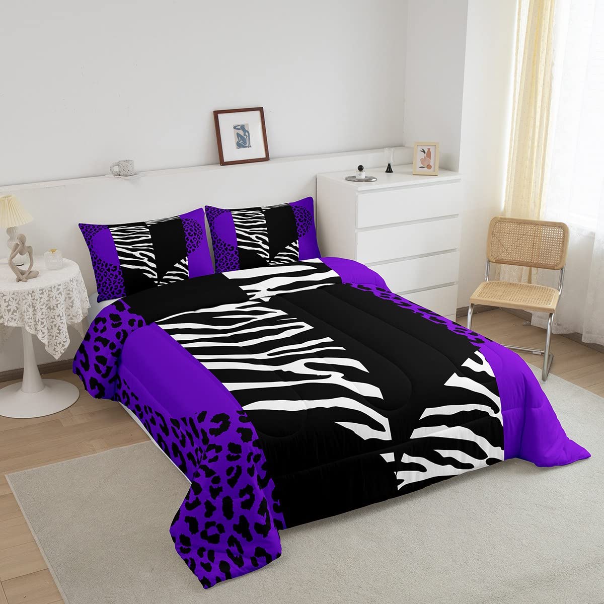 Castle Fairy,Leopard Zebra Print Comter Set Full Size Wild Animals Fur Patchwork Heart Bedding Set 3pcs Kids Girls Women Room Decor Purple Black Stripes Quilt Set Romantic Duvet Insert,2 Pillowcases