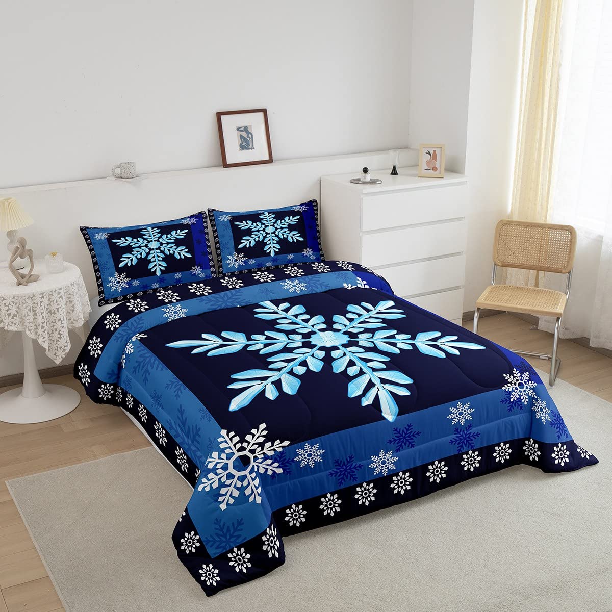 Castle Fairy Snowflake Art Comforter Set Queen Size,Geometric Snowflake Bedding Set for Kids Boys Girls Bedroom Decoration,Navy and Blue Bed Duvet Insert,Winter Theme Comforter with 2 Pillowcase