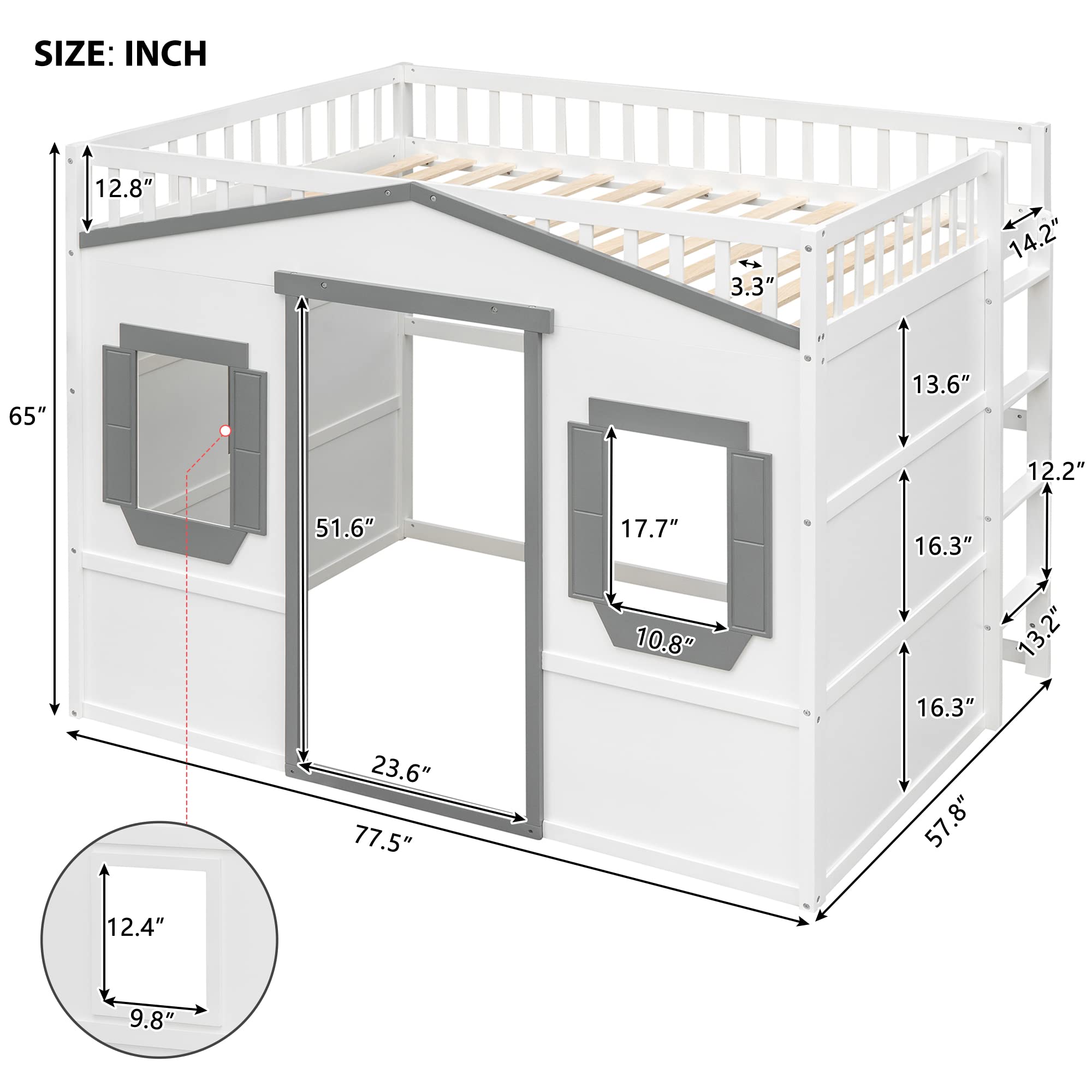 Harper & Bright Designs Full Size House Loft Bed for Kids, Wood Full Loft Bed with Door and Windows House Design, Playhouse Bed Full with Underbed Space for Girls Boys Bedroom, White +Grey