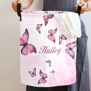 Pink Butterflies Personalized Waterproof Foldable Laundry Basket Bag with Handle, Custom Collapsible Clothes Hamper Storage Bin for Toys Laundry Dorm Travel Bathroom