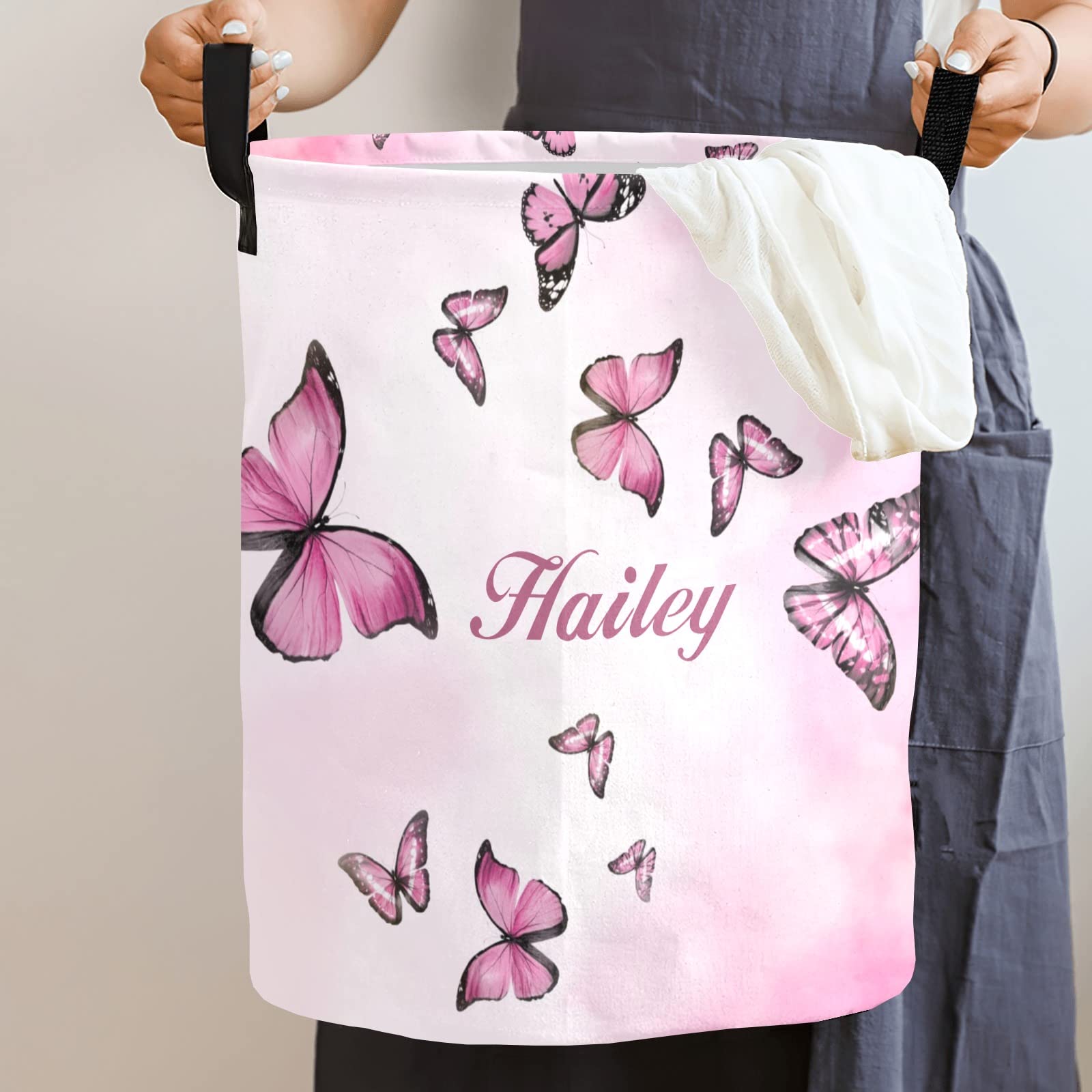 Pink Butterflies Personalized Waterproof Foldable Laundry Basket Bag with Handle, Custom Collapsible Clothes Hamper Storage Bin for Toys Laundry Dorm Travel Bathroom