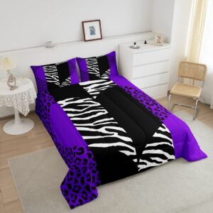 Castle Fairy,Leopard Zebra Print Comter Set Full Size Wild Animals Fur Patchwork Heart Bedding Set 3pcs Kids Girls Women Room Decor Purple Black Stripes Quilt Set Romantic Duvet Insert,2 Pillowcases