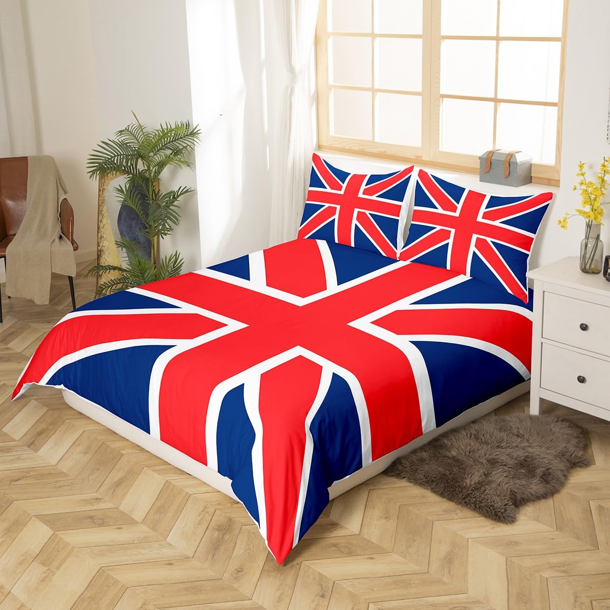 Feelyou Catalonia Union Jack Duvet Cover UK Flag Bedding Set British Flag Comforter Cover Gift for British Bedspread Cover Red and Blue Geometric Stripes Twin Size with 1 Pillow Case (No Comforter)