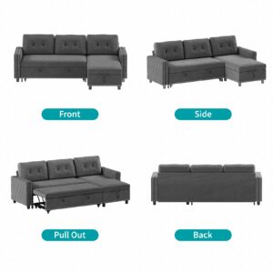 BALUS Sleeper Sofa, Futon Sofa Bed, Pull Out Sleeper Reversible Sectional Couch, Storage Chaise & Couch Bed, L Shape Couch Velvet Sleeper Sofa with Nailheads for Living Room - Dark Grey