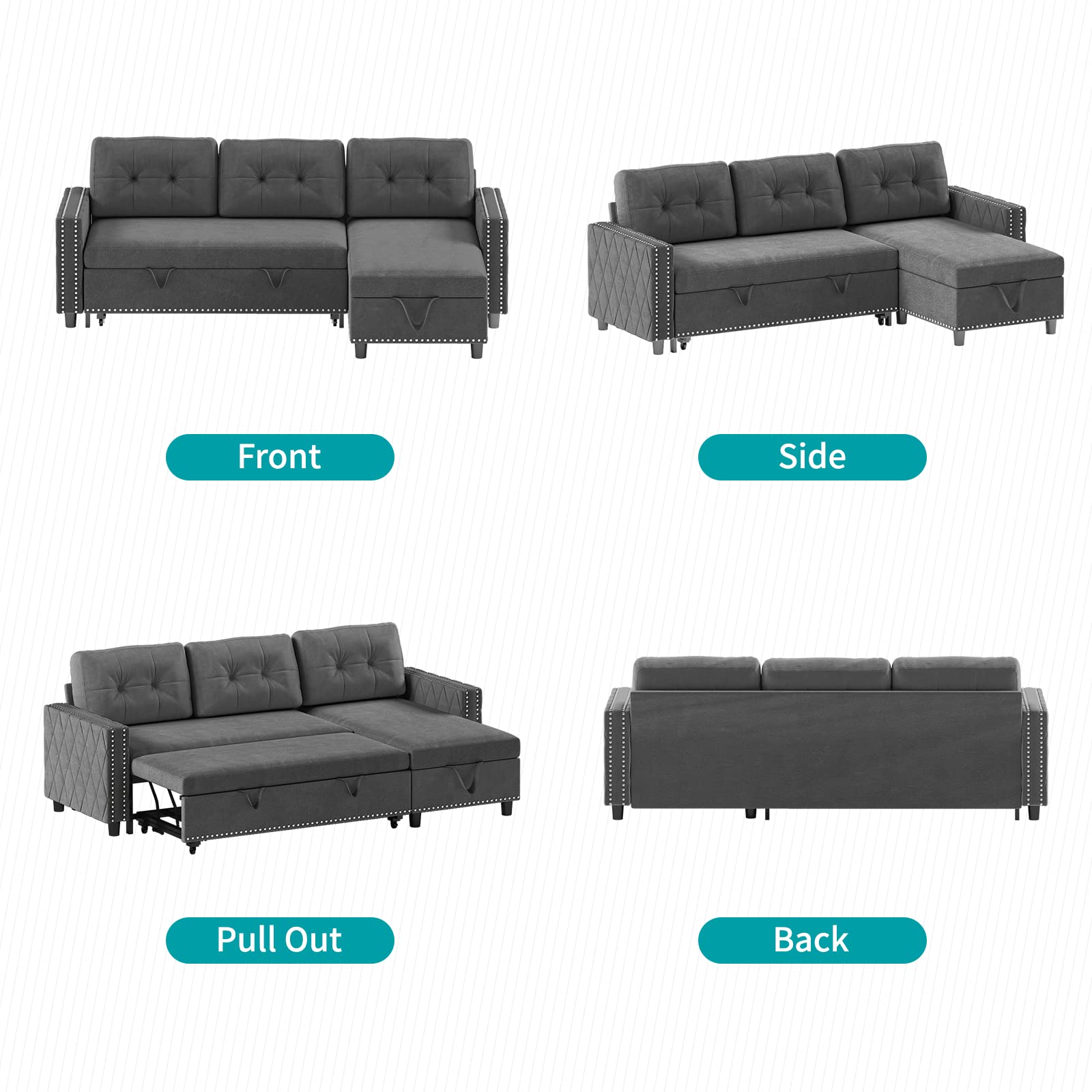 BALUS Sleeper Sofa, Futon Sofa Bed, Pull Out Sleeper Reversible Sectional Couch, Storage Chaise & Couch Bed, L Shape Couch Velvet Sleeper Sofa with Nailheads for Living Room - Dark Grey