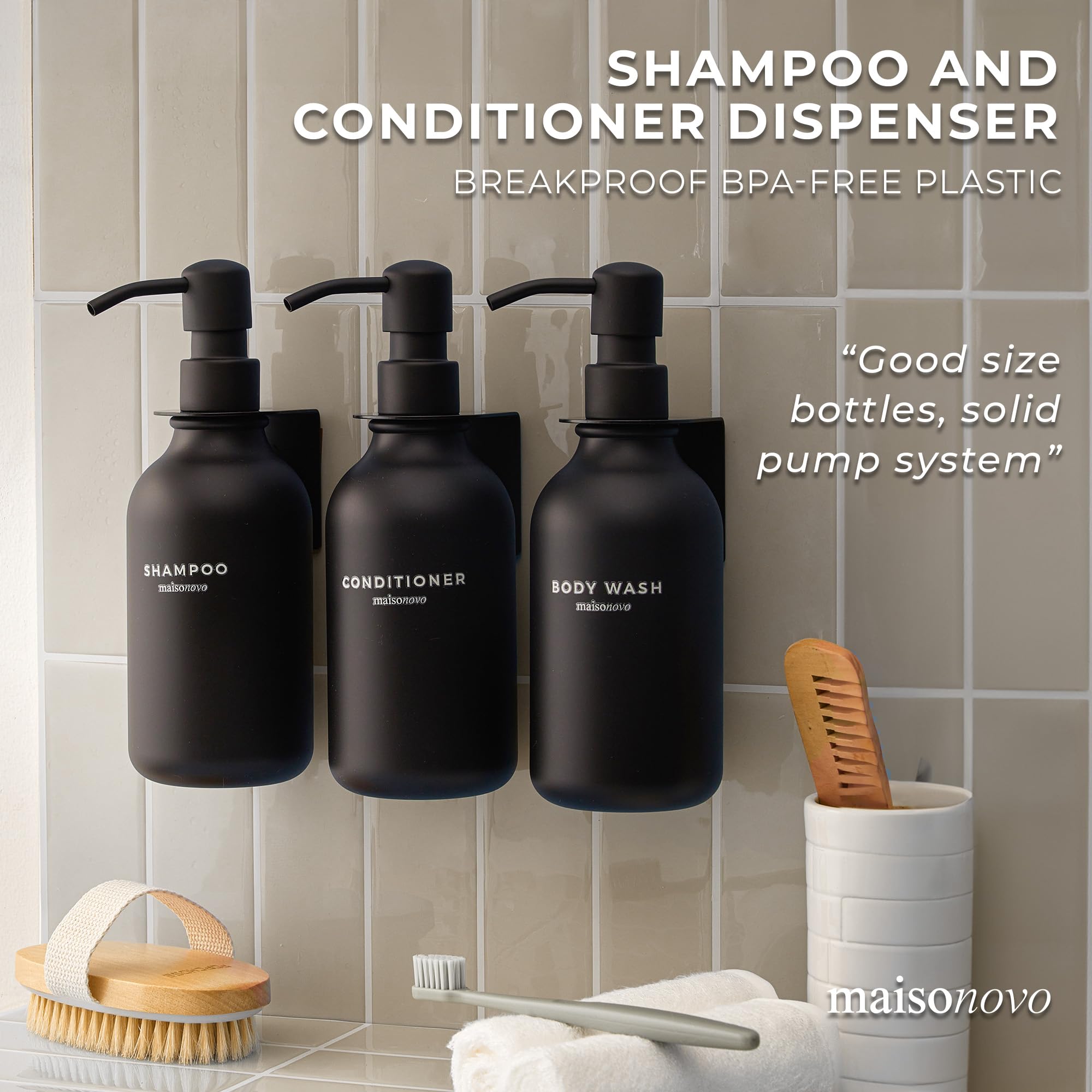 MaisoNovo Shampoo and Conditioner Dispenser - Shower Soap Dispenser Wall Mounted - 16.9 fl oz Set of 3 Black Plastic Bottles Black Pump - Shampoo Dispenser, Shower Dispenser 3 Chamber No Drill