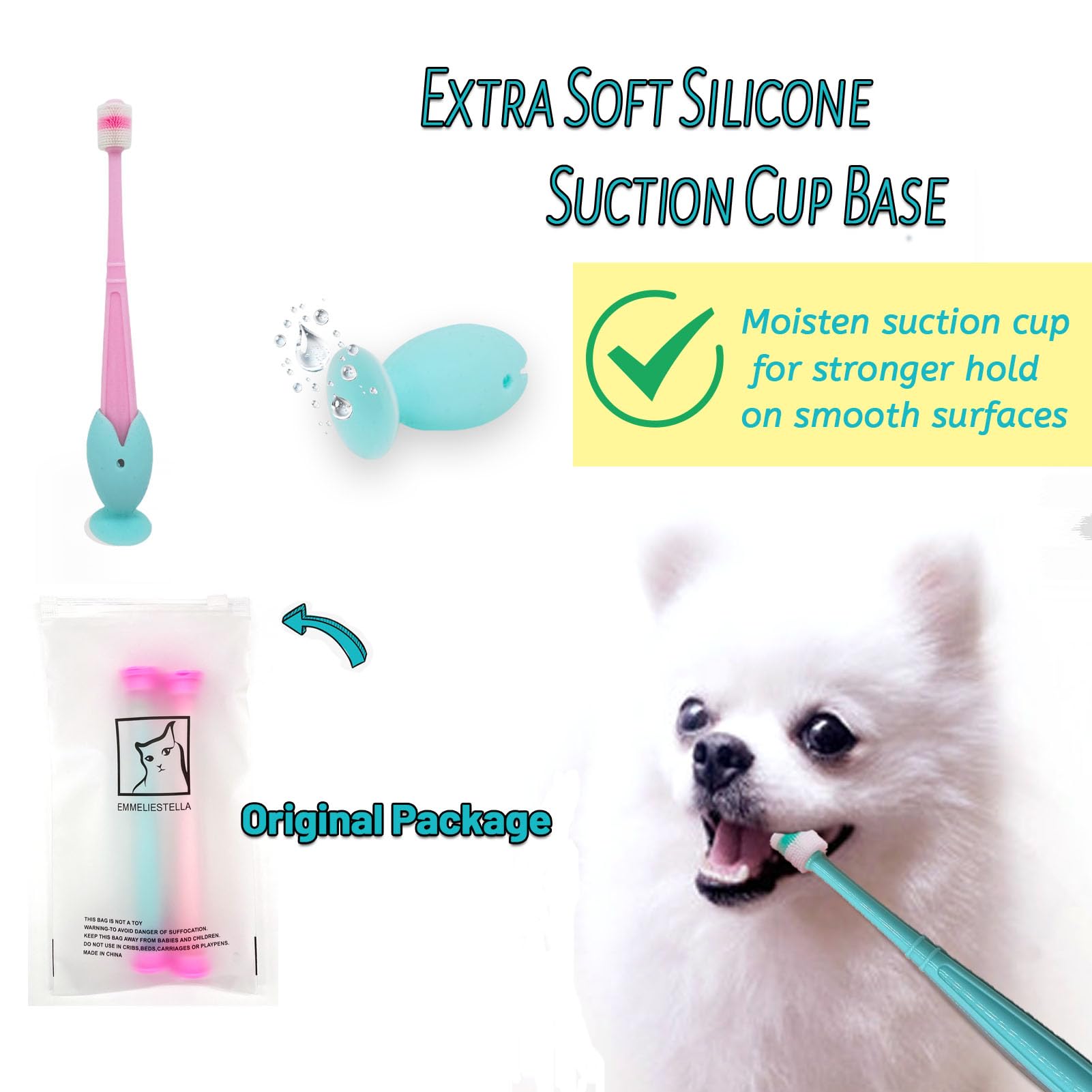 E.M&S.T by Emmeliestella Small Dog & Cat Toothbrush 360 Degree Soft Silicone, Cat Dental Care, Toothbrush Holder, Easy to Handle, Independent Packaging, Extra Suction Cup, Light Blue&Light Pink 3PCS