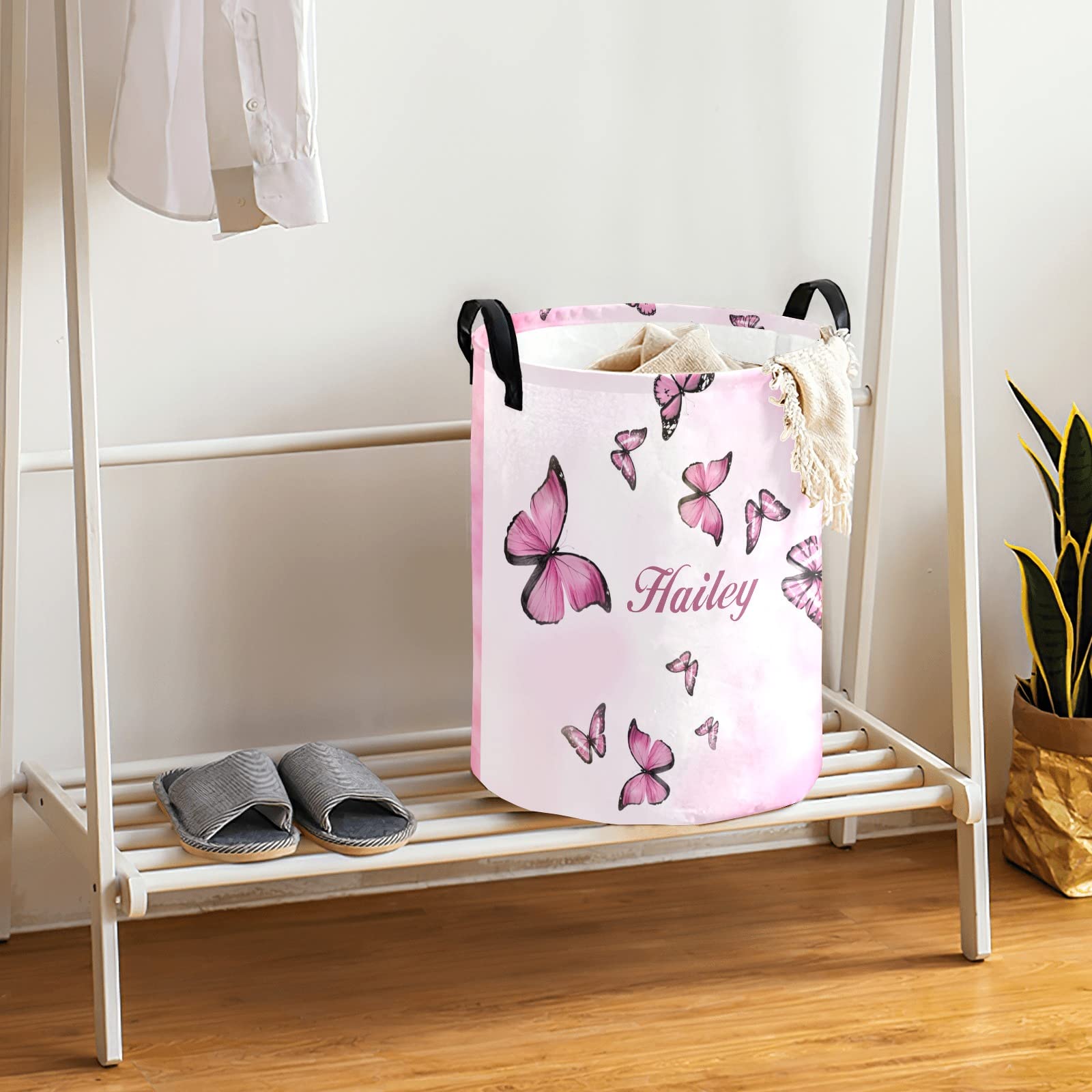 Pink Butterflies Personalized Waterproof Foldable Laundry Basket Bag with Handle, Custom Collapsible Clothes Hamper Storage Bin for Toys Laundry Dorm Travel Bathroom