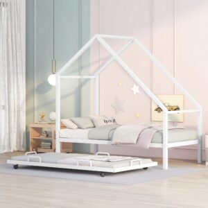 metal house bed with trundle, montessori bed twin size platform bed frame with roof, tent bed, modern style heavy-duty steel frame playhouse bed for kids teens girls boys (twin, white)