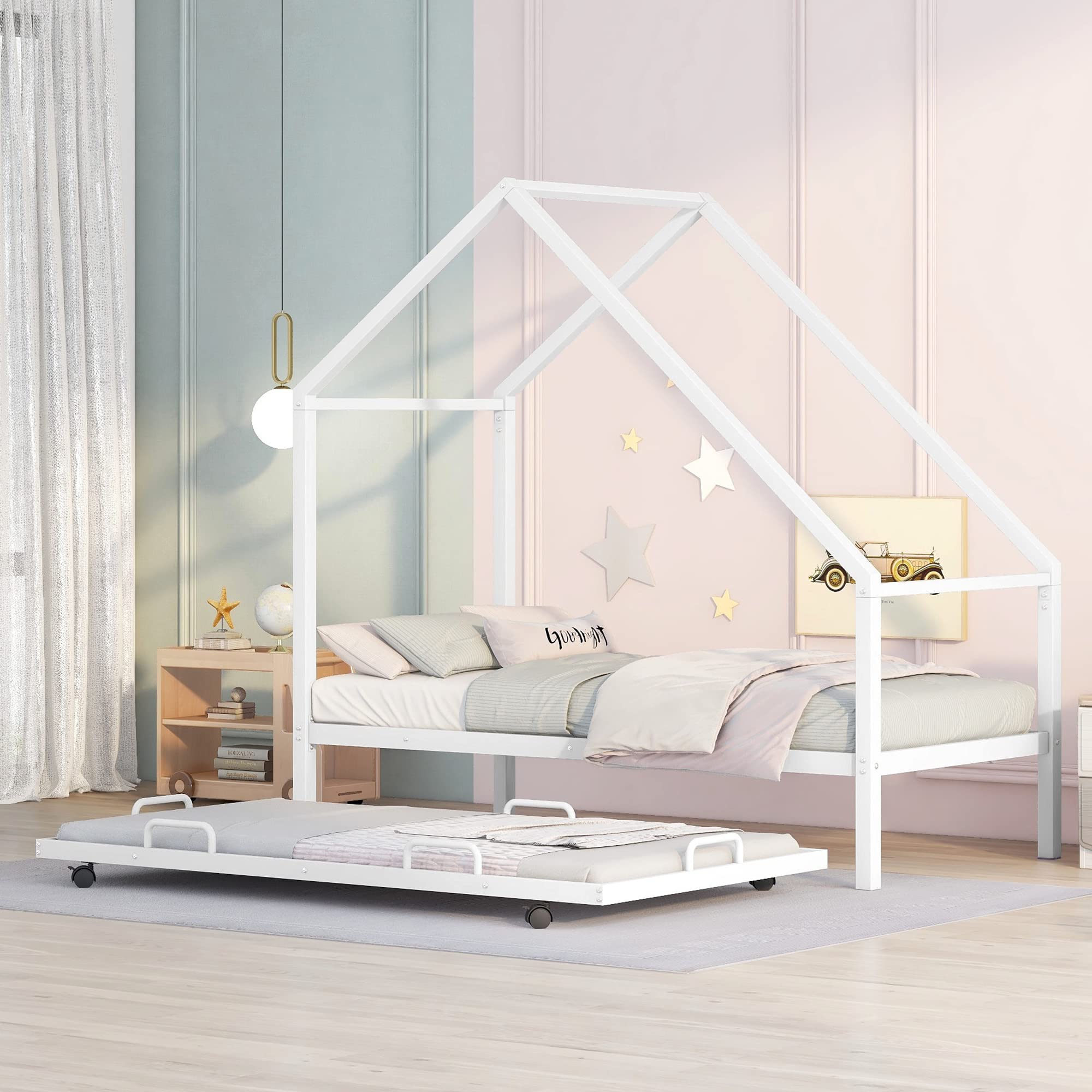 Metal House Bed with Trundle, Montessori Bed Twin Size Platform Bed Frame with Roof, Tent Bed, Modern Style Heavy-Duty Steel Frame Playhouse Bed for Kids Teens Girls Boys (Twin, White)