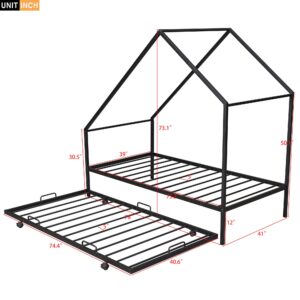 Metal House Bed with Trundle, Montessori Bed Twin Size Platform Bed Frame with Roof, Tent Bed, Modern Style Heavy-Duty Steel Frame Playhouse Bed for Kids Teens Girls Boys (Twin, Black)