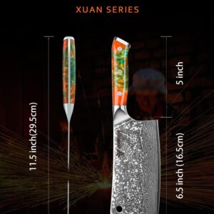 SANMUZUO Chopping Knife - 7 inch Cleaver Knife- Xuan Series - VG10 Damascus Steel Kitchen Knife - Resin Handle (Fantasy Orange)