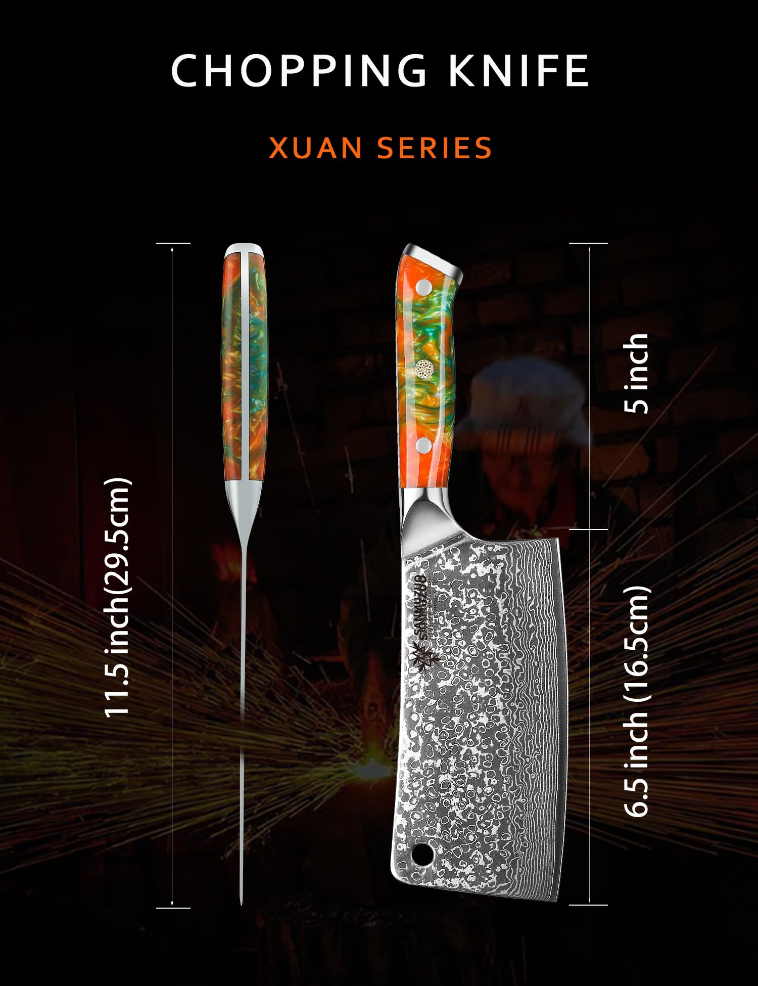 SANMUZUO Chopping Knife - 7 inch Cleaver Knife- Xuan Series - VG10 Damascus Steel Kitchen Knife - Resin Handle (Fantasy Orange)