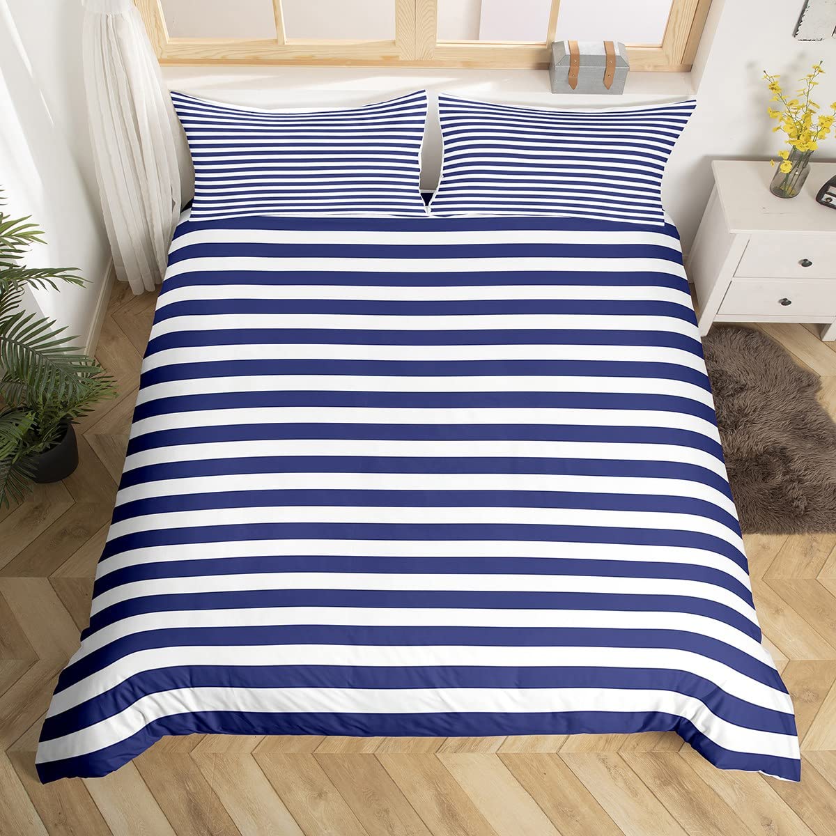 Erosebridal Navy Blue Stripe Duvet Cover King Size White Geometric Ticking Stripes Comforter Cover Farmhouse Horizontal Stripes Gothic Home Decor Quilt Cover Modern Abstract Striped Bedding Set