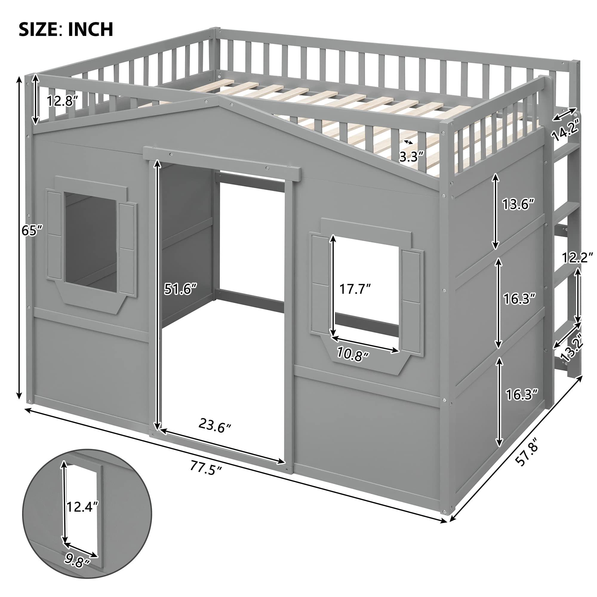 House Loft Bed Twin Loft Beds Solid Wood Frame with Window and Wall Fun Playhouse Bed with Ladder for Kids Boys Girls Teens, Twin Size, Gray