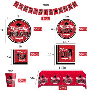 DAZONGE Graduation Decorations Class of 2024 Red and Black, Disposable Graduation Tableware Kit for 50 Guests, Plates, Napkins, Cups, Tablecloth and Hanging 2024 Graduation Party Decorations