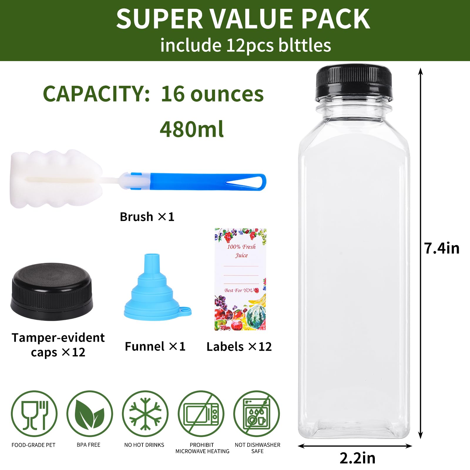 SUPERLELE 12pcs 16oz Juice Containers with Lids, Juice Bottles for Juicing, Juicer Bottles, 16oz Water Bottle, Juicing Bottles Reusable, Plastic Juice Bottles with Caps