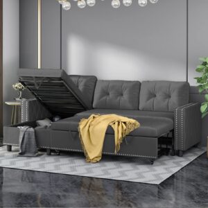 balus sleeper sofa, futon sofa bed, pull out sleeper reversible sectional couch, storage chaise & couch bed, l shape couch velvet sleeper sofa with nailheads for living room - dark grey