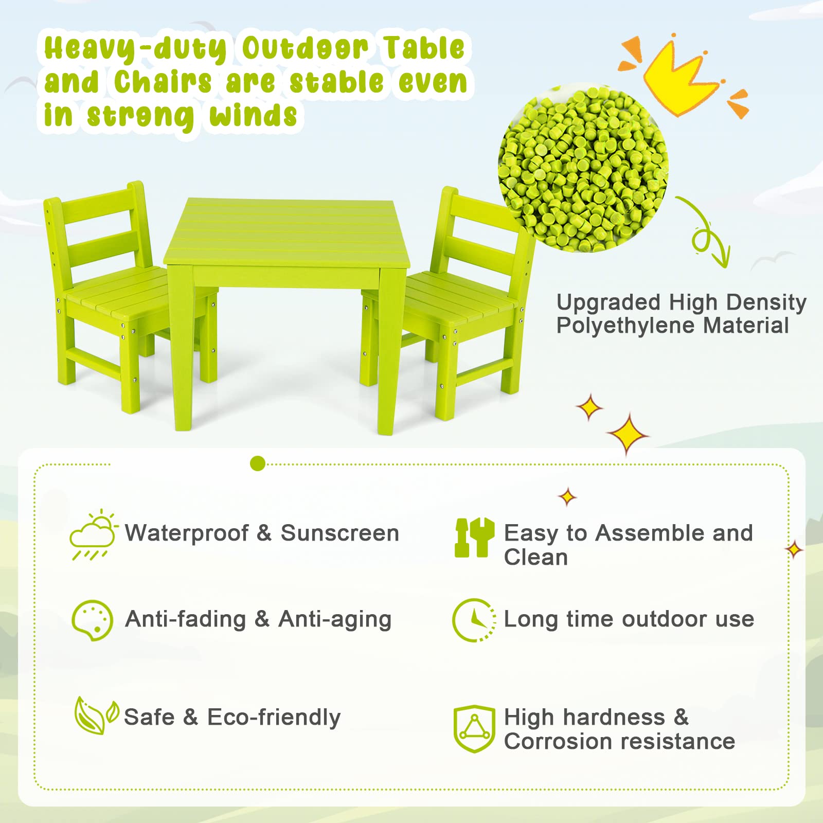 Costzon Kids Table and Chair Set, 3 Piece All-Weather Activity Table for Indoor & Outdoor, Heavy-Duty & Waterproof Furniture Set for Playroom, Nursery, Backyard, Toddler Table and Chair Set (Green)