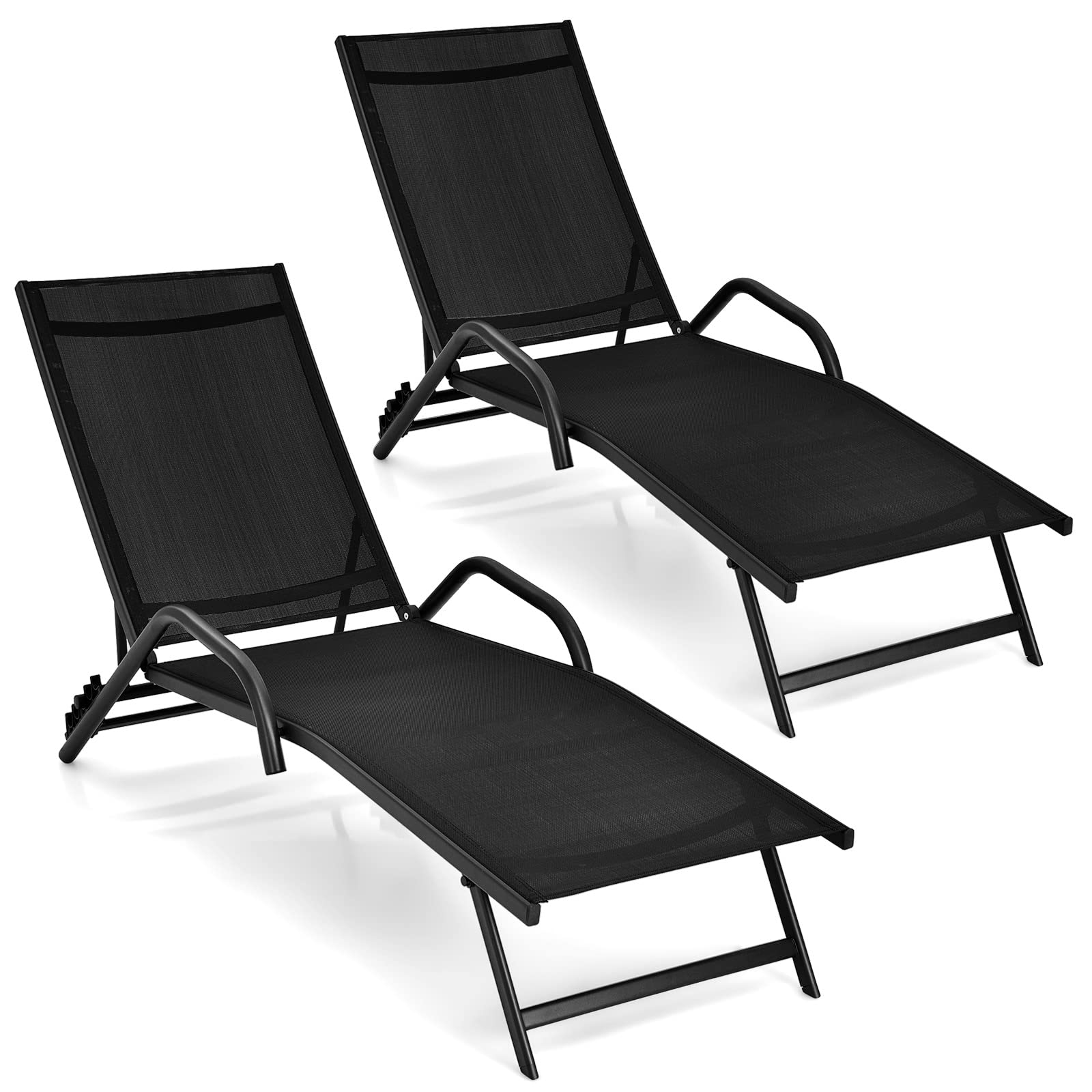 Giantex Lounge Chairs for Outside - Set of 2 Outdoor Chaise Lounge with 5 Adjustable Position, Steel Frame, Patio Loungers, Camping Reclining Chair for Garden, Poolside, Yard Sunbathing Chairs, Black