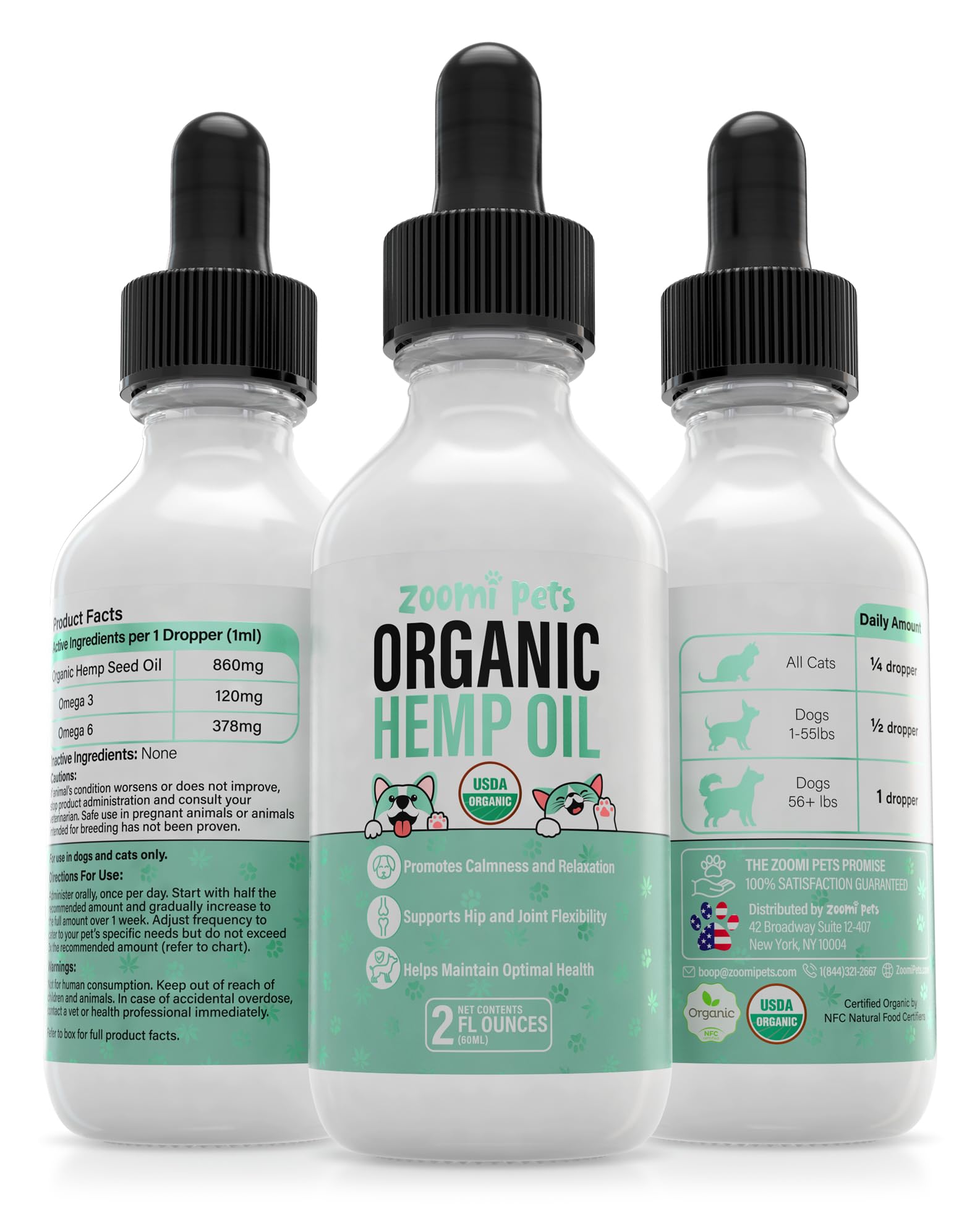 Zoomi Pets Calming Organic Hemp Oil for Dogs and Cats - Hemp Oil Drops with Omega Fatty Acids - Hip and Joint Support, Skin and Coat Health and Allergy Relief - Helps with Anxiety, Stress and Pain