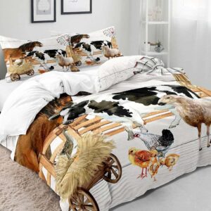 LUVIVIHOME 3PCS Horse Duvet Cover Full Bedding Set, White Duvet Cover, Sheep Chicken Cow Print Bedding, Rustic Farmhouse Bedding, Country Farm Animal Comforter Bedspread Quilt Cover, 2 Pillow Shams