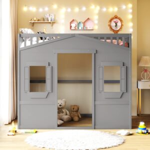 harper & bright designs full size house loft bed for kids, wood full loft bed with door and windows house design, playhouse bed full with underbed space for girls boys bedroom, grey