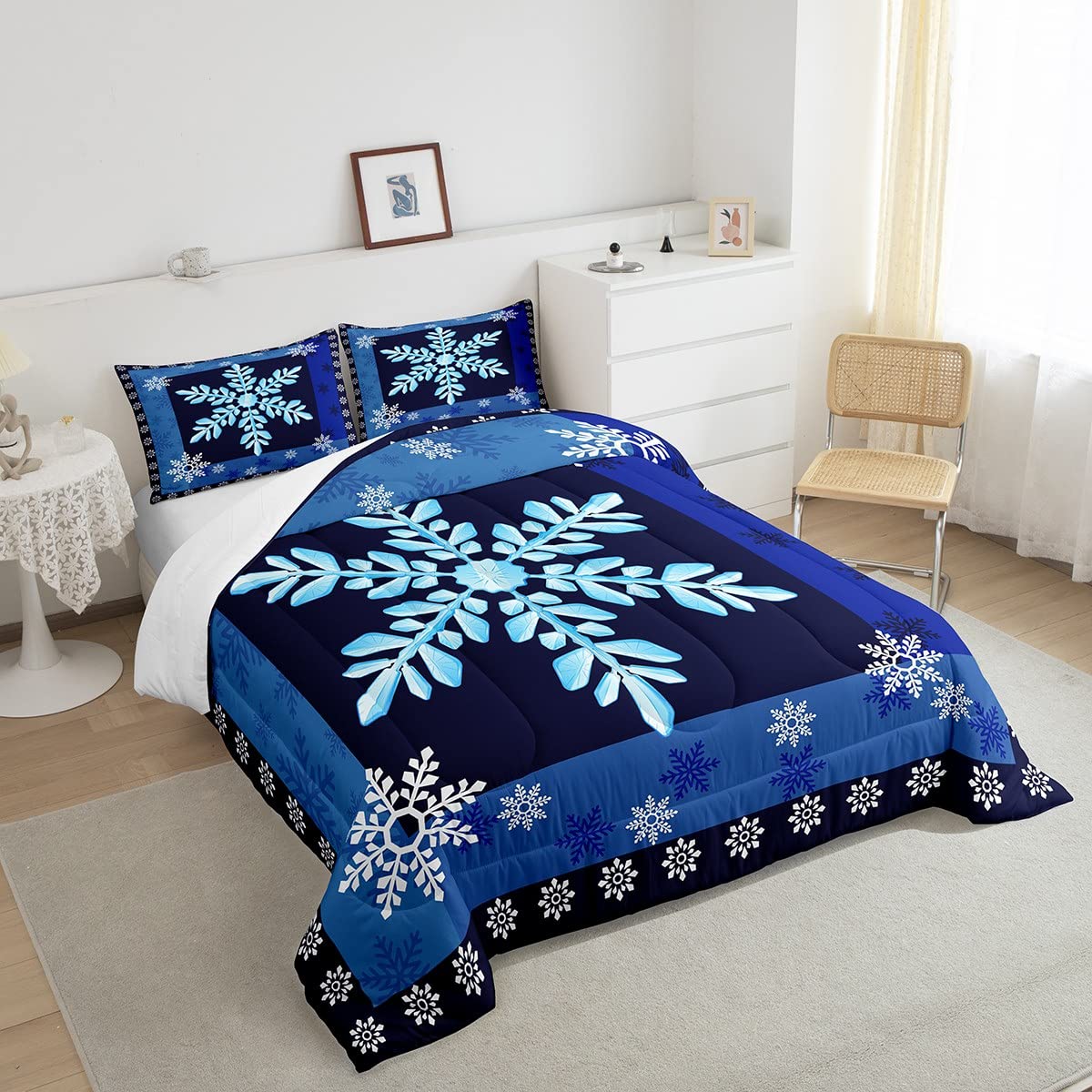 Castle Fairy Snowflake Art Comforter Set Queen Size,Geometric Snowflake Bedding Set for Kids Boys Girls Bedroom Decoration,Navy and Blue Bed Duvet Insert,Winter Theme Comforter with 2 Pillowcase