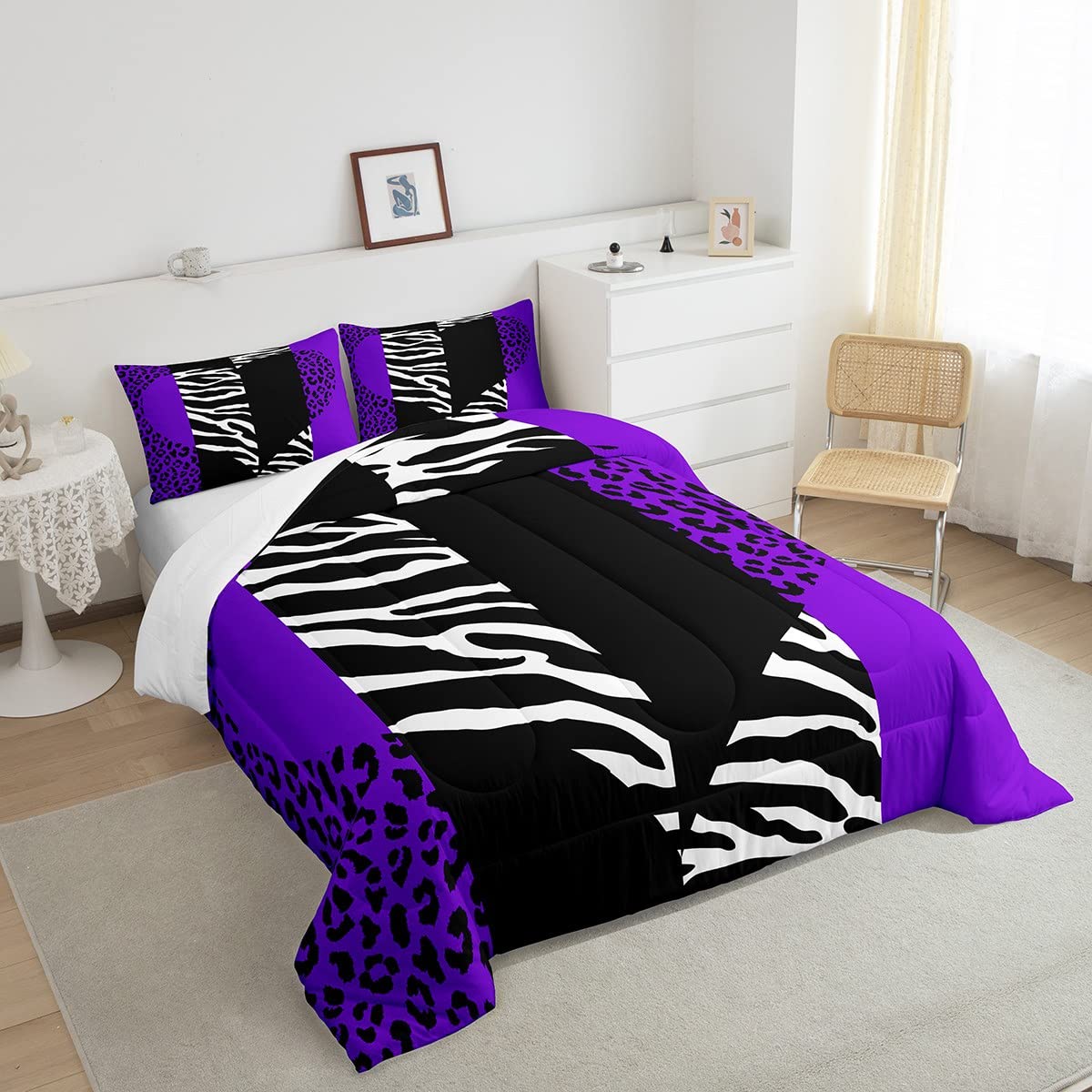 Castle Fairy,Leopard Zebra Print Comter Set Full Size Wild Animals Fur Patchwork Heart Bedding Set 3pcs Kids Girls Women Room Decor Purple Black Stripes Quilt Set Romantic Duvet Insert,2 Pillowcases