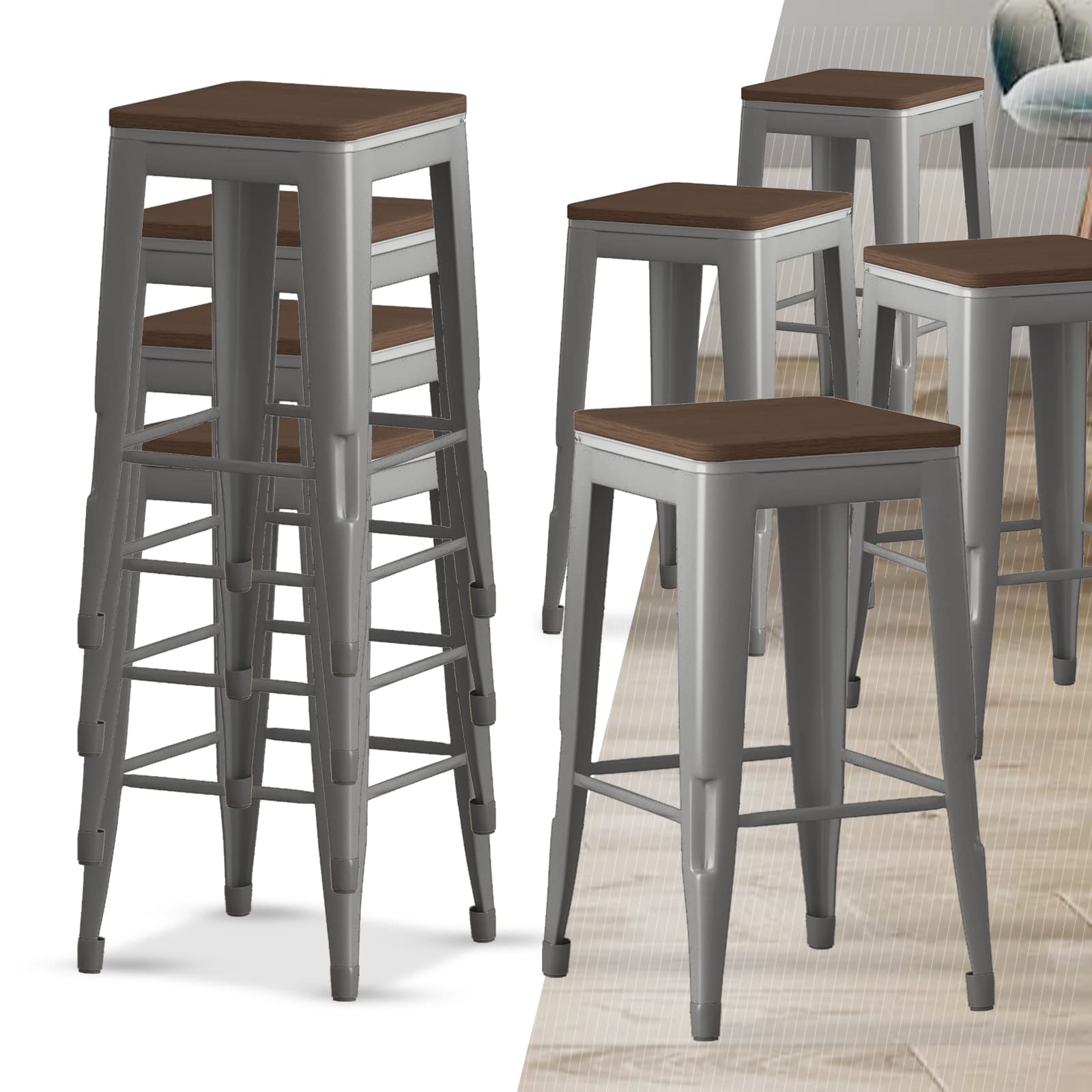 ZAFLY Metal Backless Bar Stool with Wood Seat Industrial Style Counter Height Barstool Indoor Outdoor Stackable Bar Chair, Set of 4, 330lbs Weight Capacity