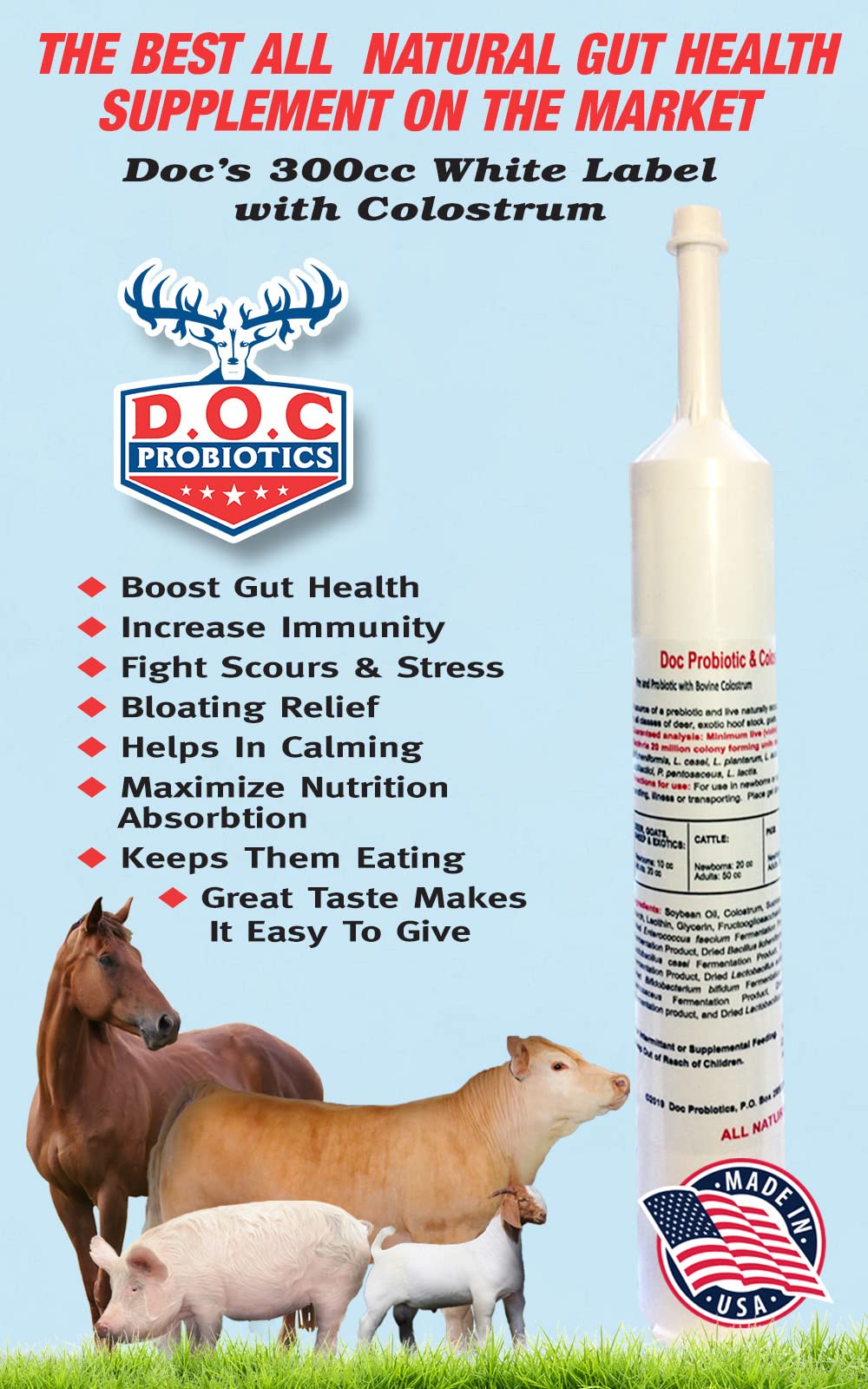 DOC PROBIOTIC Colostrum Paste 300 CC Tube w/Prebiotics and Live Micro Encapsulated Livestock Probiotics Goats, Cows, Horses Sheep, Pigs, Deer