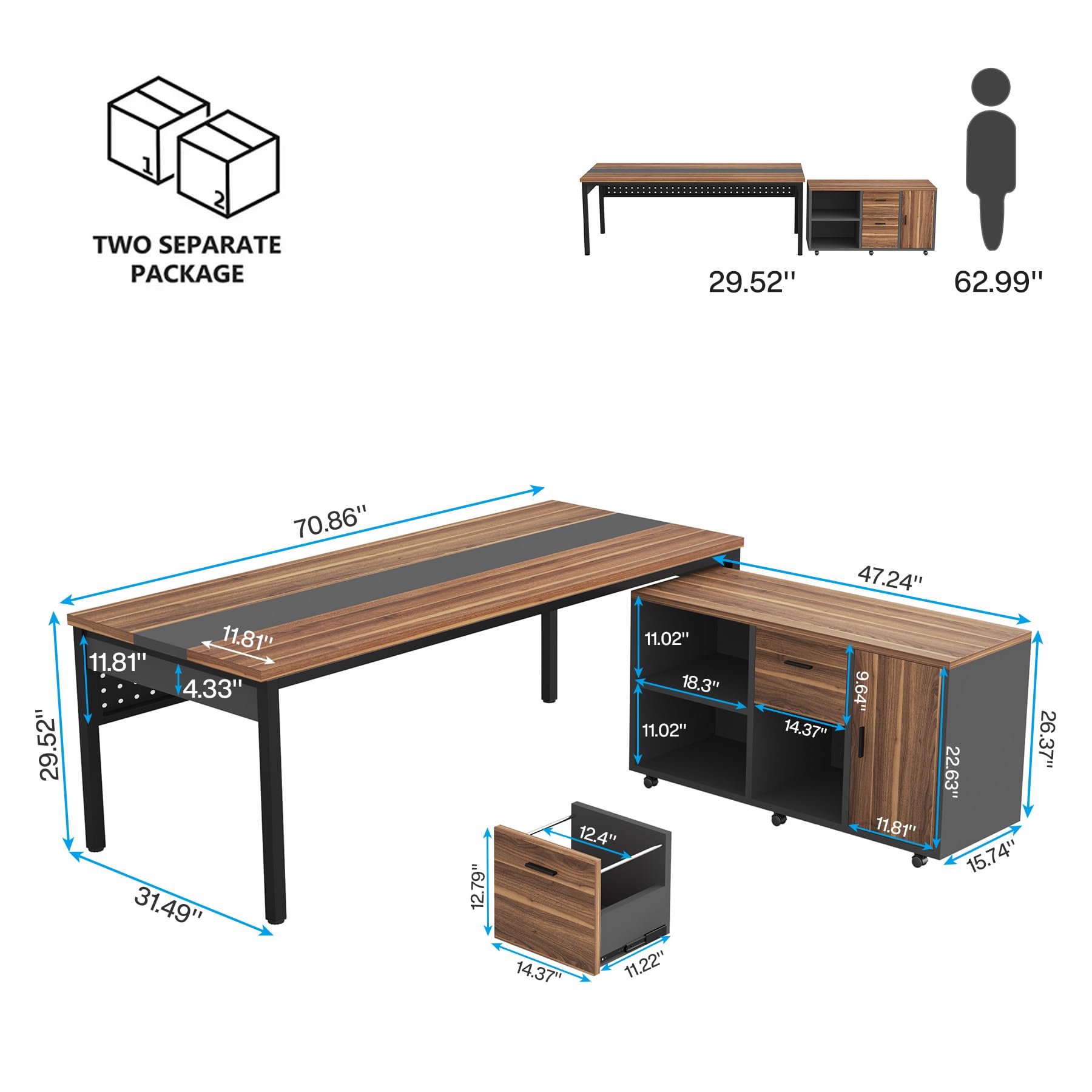 Tribesigns 70.8" Large Executive Office Desk and 47" Lateral File Cabinet Combo, L-Shaped Computer Desk 2 Piece Business Furniture with Drawers and Shelves, Home Office Workstation, Walnut