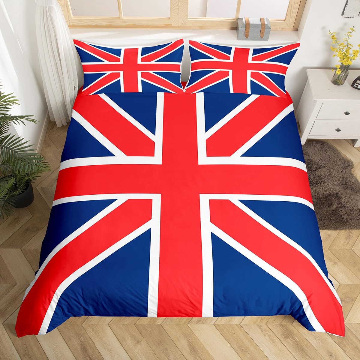 Feelyou Catalonia Union Jack Duvet Cover UK Flag Bedding Set British Flag Comforter Cover Gift for British Bedspread Cover Red and Blue Geometric Stripes Twin Size with 1 Pillow Case (No Comforter)