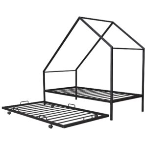 Metal House Bed with Trundle, Montessori Bed Twin Size Platform Bed Frame with Roof, Tent Bed, Modern Style Heavy-Duty Steel Frame Playhouse Bed for Kids Teens Girls Boys (Twin, Black)