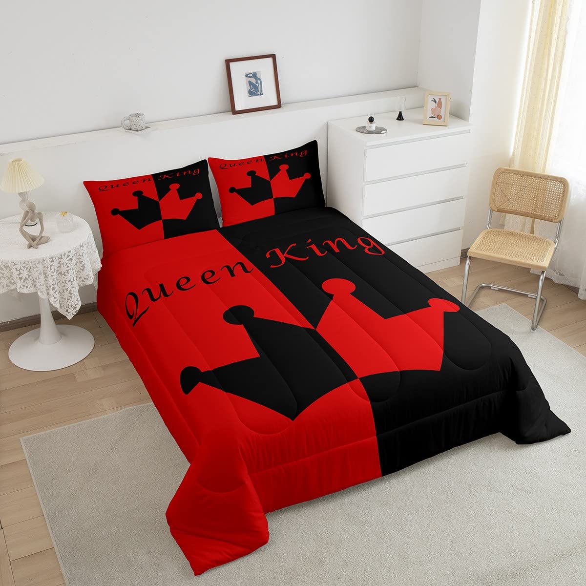 Crown Queen And King Comforter Soft Quilt Set,His And Hers Matching Couple Bedding Set for Girls Boys Teens, Romantic Valentine'S Day Black And Red Comforter Set Bedroom Collection 3Pcs King Size