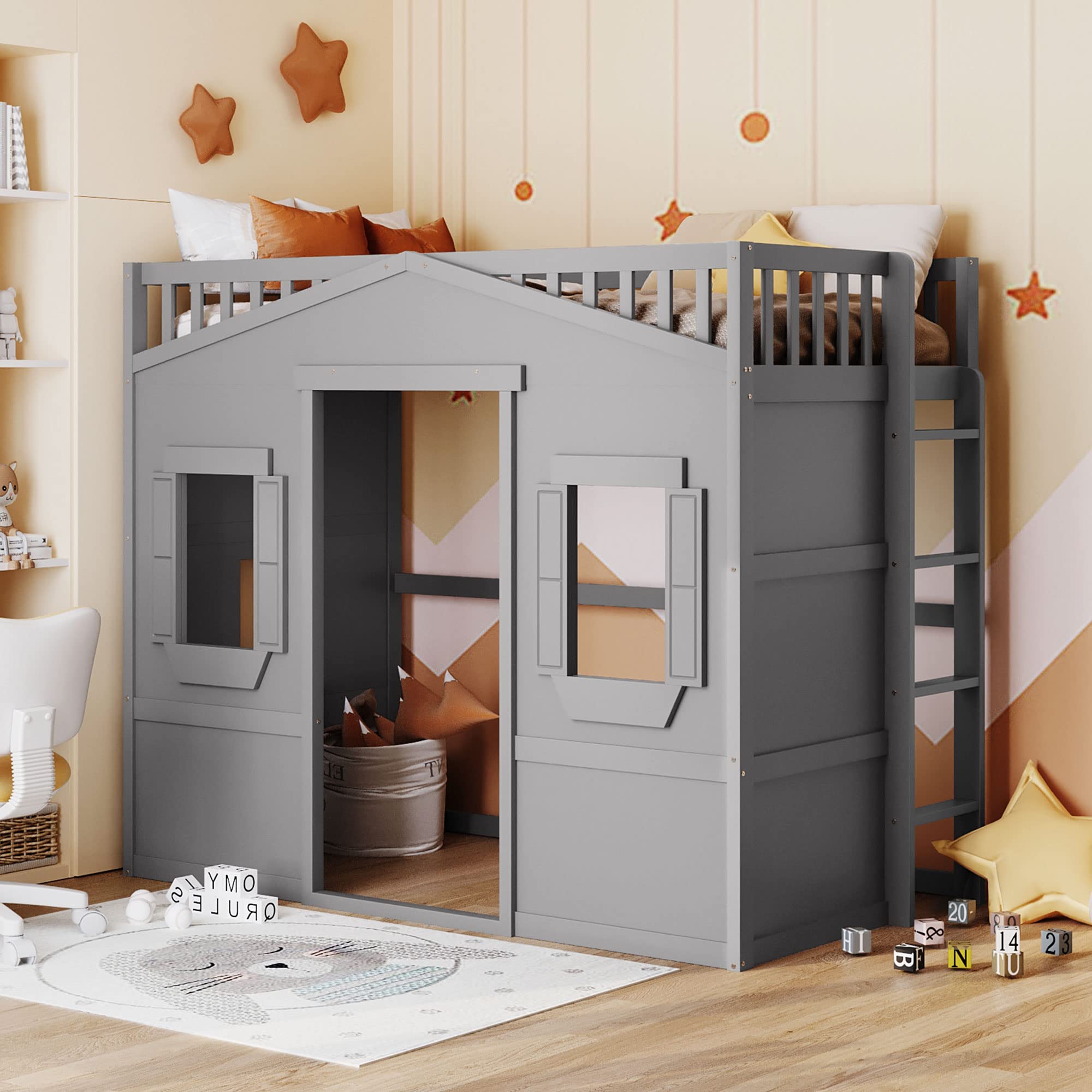 House Loft Bed Twin Loft Beds Solid Wood Frame with Window and Wall Fun Playhouse Bed with Ladder for Kids Boys Girls Teens, Twin Size, Gray