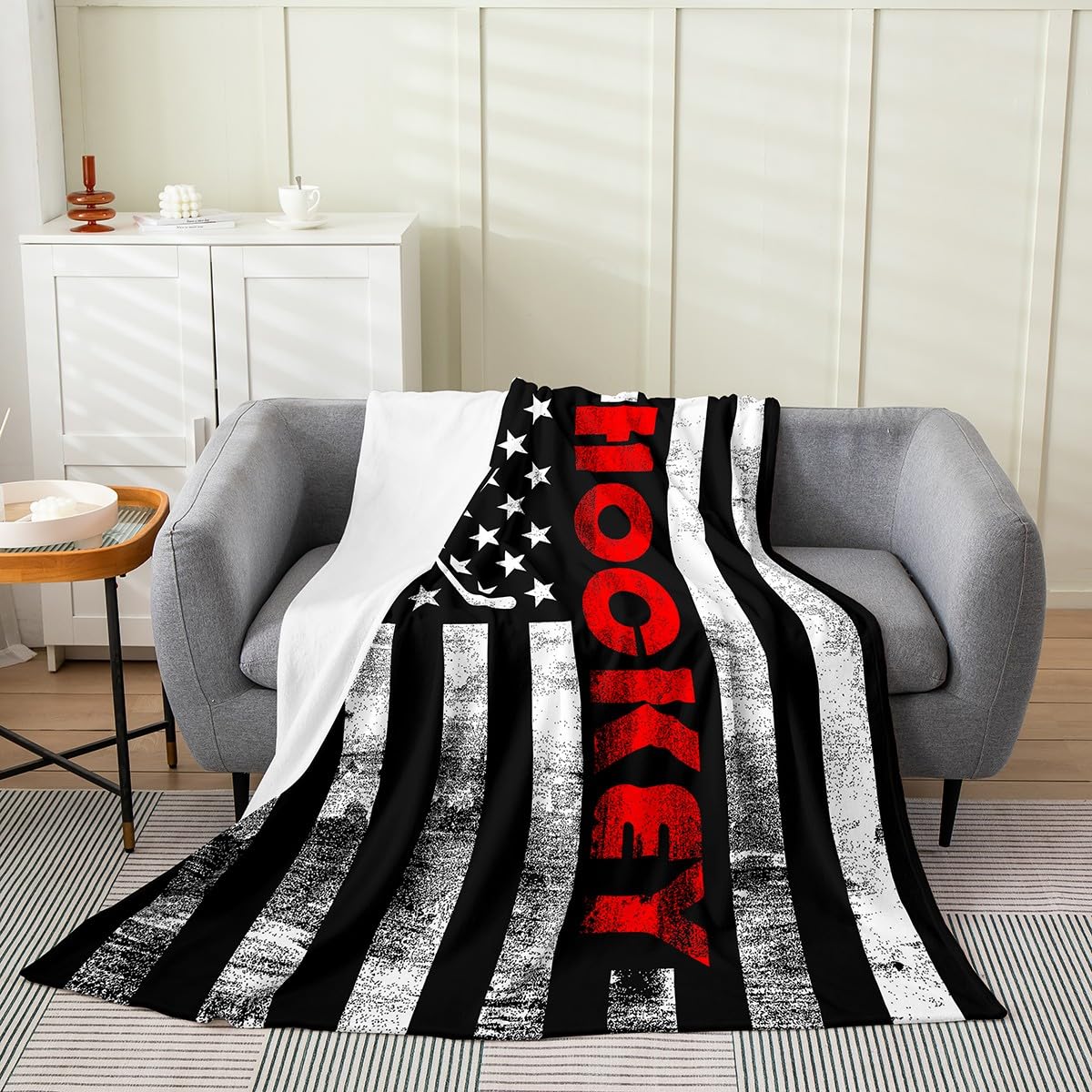 Ice Hockey Throw Blanket Throw 50x60,Puck Hockey Sport Games Blanket for Kids Boys Teens Men,Black White American Flag Fleece Blanket,Retro United States Flag Flannel Blanket Living Room Decor