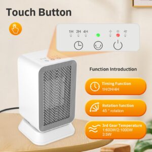 AIDENOEY Space Heater with 3 Modes，1000W Energy Efficient Quiet Mini Portable Heater, 45°PTC Ceramic Fast Heater with Timer & Auto Shut Off Function for Office Home Indoor Use (White)