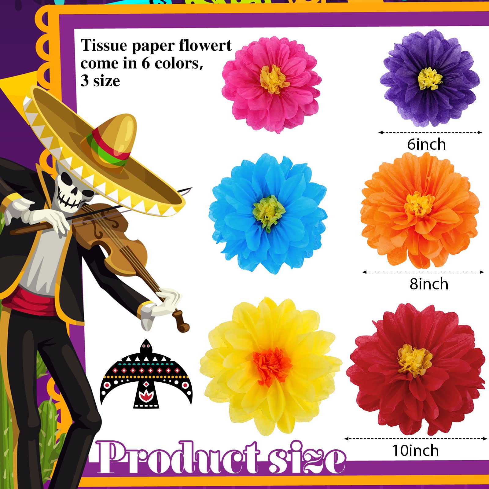 18 Pcs Mexican Paper Flowers Colorful Fiesta Tissue Paper Flowers Pom Poms Mexican Carnival Paper Flowers for Floral Party Backdrop Wedding Birthday Party Craft, 6" 8" 10"