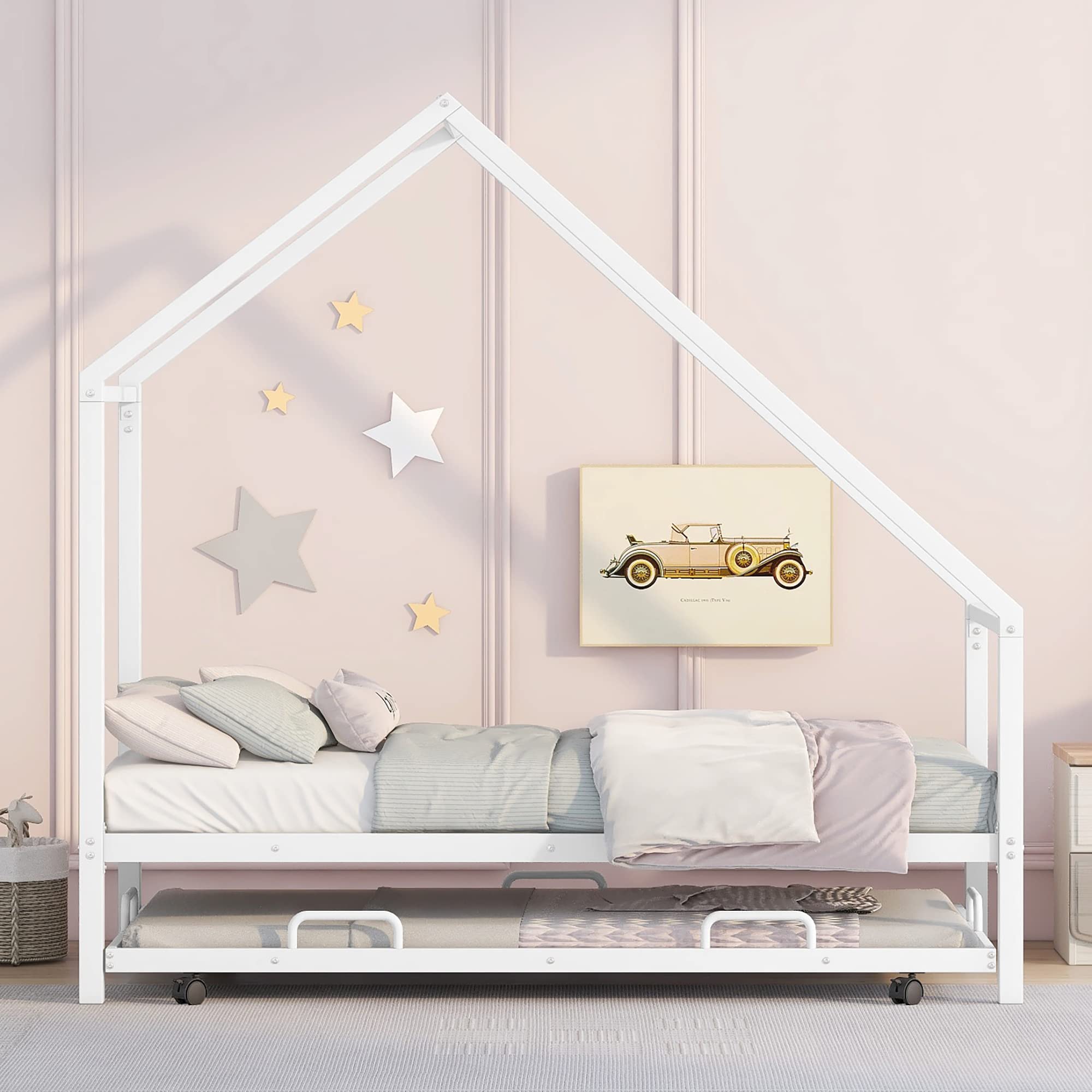 Metal House Bed with Trundle, Montessori Bed Twin Size Platform Bed Frame with Roof, Tent Bed, Modern Style Heavy-Duty Steel Frame Playhouse Bed for Kids Teens Girls Boys (Twin, White)